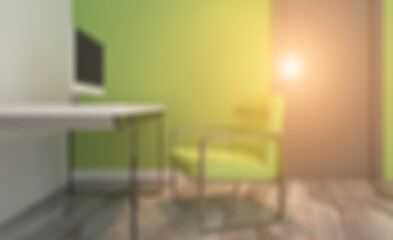 Office interior design in whire color. 3D rendering.. Sunset.. Abstract blur phototography.