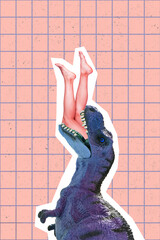 3d retro abstract creative artwork template collage of dino eating lady body long legs isolated...