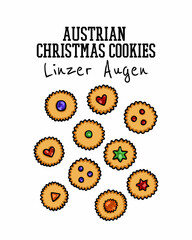 Vector card with hand drawn traditional marmalade Austrian Christmas biscuits - Linzer Augen. Ink drawing, graphic style. Beautiful food design elements.