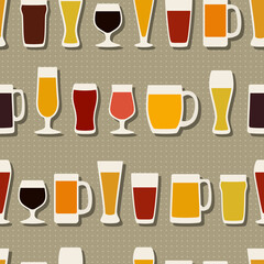 Vector  seamless pattern with beer glasses made in flat style on dotted background. Beautiful design elements, perfect for prints and patterns