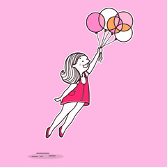 Young woman flying with helium balloons. Vector hand drawn pink card illustration with teenager cute girl cartoon greeting card 