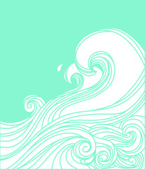 Ocean big wave vintage poster with sun on old paper backgroound. Sea minimalist modern line art landscape illustration background