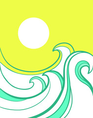 Ocean big wave vintage poster with sun on old paper backgroound. Sea minimalist modern line art landscape illustration background