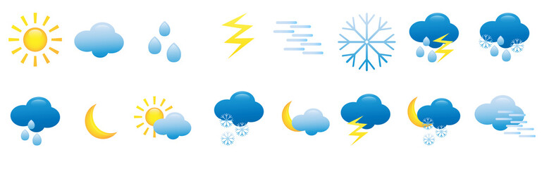 Weather icon set. Vector icons for web. Forecast weather flat symbols. Mobile UI. Contains icons of the sun, clouds, snowflakes, storms, rain, and more. - obrazy, fototapety, plakaty