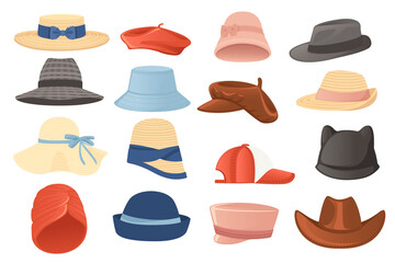 Big set of different summer modern and retro hats male and female headdress vector illustration isolated on white background