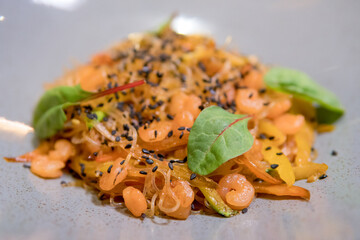 Japanese rice noodles fried with vegetables and shrimp