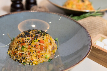 Japanese rice with egg, meat and shrimp