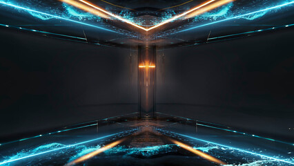 Fototapeta na wymiar Abstract futuristic interior, neon tunnel, portal. Modern dark background, neon lights, underground passage. The movement of light in the dark. Sci-fi background. 3D illustration.