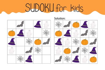 Sudoku educational game or leisure activity worksheet vector illustration, printable grid to fill in missing images, Halloween topical vocabulary, puzzle with its solution, teachers resources