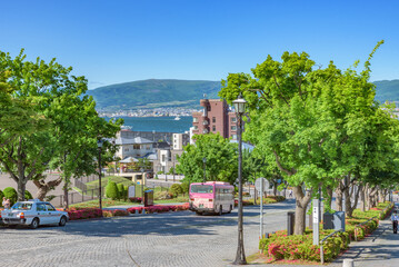 Street view of the Motoi-zaka Slope in Hakodate City, Hokkaido, Japan.