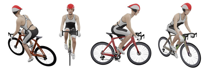 female cyclist female athlete cycling set included 3d illustration isolated on a white background with clipping path