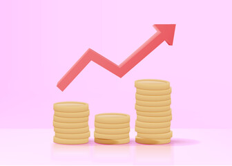 3D money coin stacks and red arrow up on pastel background