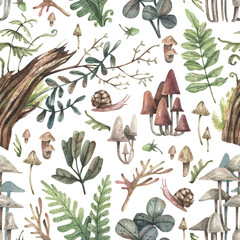 Seamless nature pattern in forest style with mushrooms, grebes, ferns and wild plants, watercolor illustration for autumn textile, cover or wallpapers. © Tonia Tkach