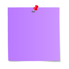 Violet paper note with red pushpin isolated on a white background
