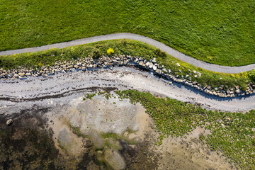 Aerial view on a foot path by the ocean. Ballyloughane Strand area in Galway city, Ireland. Top down view.