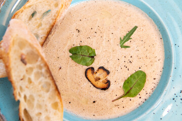 Mushroom cream soup. Vegan food. Dietary menu. Top view. Flat lay