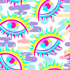 Obraz premium 1970 style. Psychedelic eye, neon colors. Vector seamless Pattern. Light background, wallpaper, cartoon style