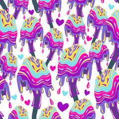 1970 style. Psychedelic mushrooms, neon colors. Vector seamless Pattern. Light background, wallpaper, cartoon style