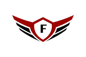 Modern professional wings shield template logo design with letter F.