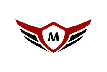 Modern professional wings shield template logo design with letter M.