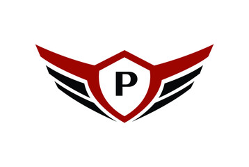 Modern professional wings shield template logo design with letter P.