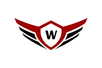Modern professional wings shield template logo design with letter W.