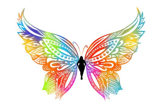 Multicolored butterfly fairy girl silhouette. Vector illustration