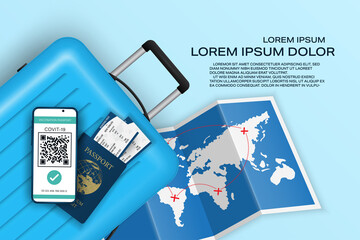 Vector online heart passsport concept. Save travel documents. Digital certificate vaccine Covic-19 with QR code. Smartphone, World map, Airplane ticket, Blue luggage and passport booking.