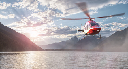 Helicopter flying over a Lake, trees and mountains in Canadian Landscape. 3D Rendering Artwork. Background from Chilliwack Lake, British Columbia, Canada.