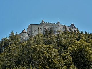 Fototapeta na wymiar Medieval defensive castle Hohenwerfen on a hill above a forest in Austria