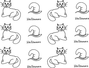 Set of witch hats and funny cats with inscription halloween. Halloween concept. Halloween background with witch hats and cats drawn with black marker on white paper.