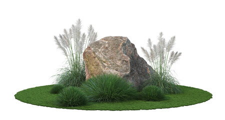 The garden is decorated with grass and stones.  On a white background