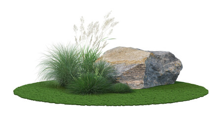 The garden is decorated with grass and stones.  On a white background