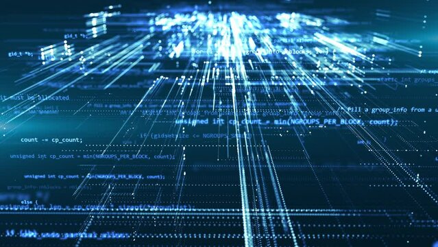 3D programming code abstract technology background of software developer and computer script. Running hud text. Security or hacking. Modern hi-tech software development and blockchain concept