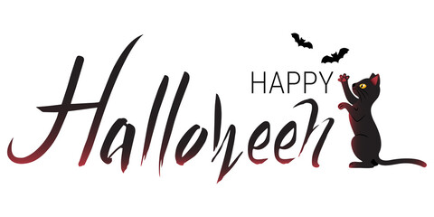Happy Halloween text with playful black cat and bats. Expressive hand drawn ink lettering. Isolated on white background. Vector element for traditional event design.