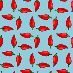 Seamless pattern with red hot peppers on light blue background. Vector image.