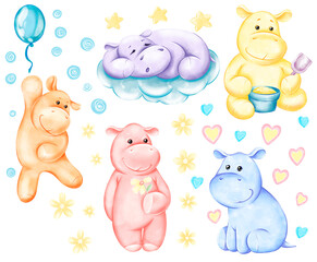 Obraz premium Watercolor hippos. Freehand drawing. Children's hippo set