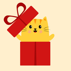 Cat with gift box. Cute cat or kitten hides in red gift box. Cartoon character, animal collection. Vector illustration of funny kitty in birthday gift