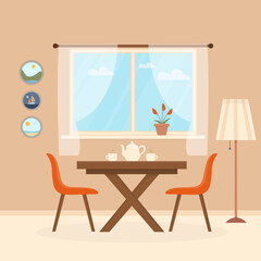 Cosy kitchen interior design with furniture and window with curtain. Dining table in kitchen with chairs, cups and teapot, lamp, pictures, elements of room decor. Flat style vector illustration