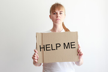 woman with cardboard banner help me on white background. social problems