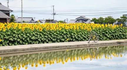Obraz premium ヒマワリと水田と自転車