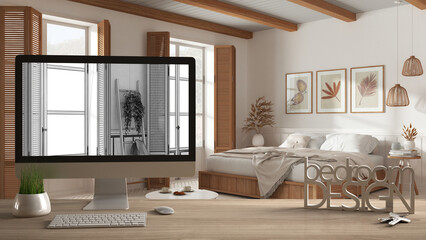 Architect designer project concept, wooden table with keys, letters bedroom design and desktop showing blueprint CAD sketch, blurred draft in the background, cozy interior design