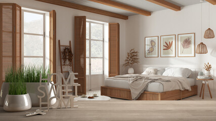 Wooden table, desk or shelf with potted grass plant, house keys and 3D letters home sweet home, wooden country bedroom with bed, architecture interior design, copy space background