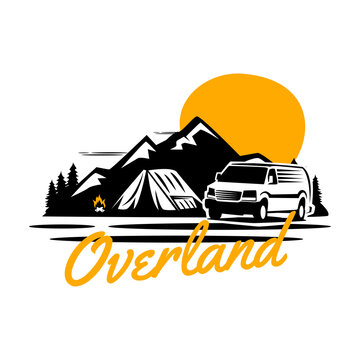 Overland Camper  In Forest Vector Logo Illustration