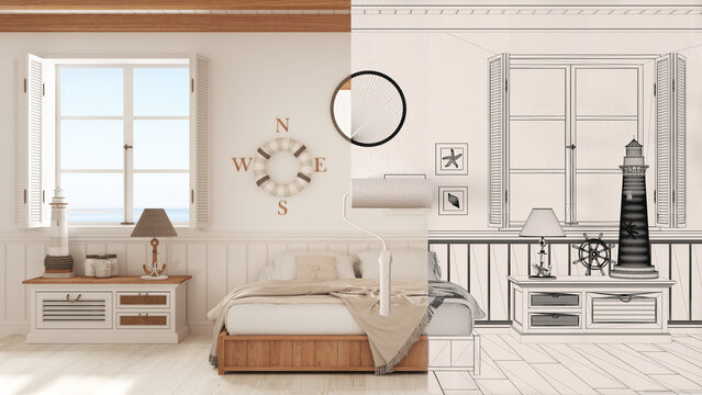 Paint roller painting interior design blueprint sketch background while the space becomes real showing marine bedroom. Before and after concept, architect designer creative work flow