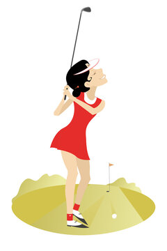 Golfer woman on the golf course illustration. 
Young golfer woman with a golf club tries to do a good shot
