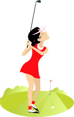 Golfer woman on the golf course illustration. 
Young golfer woman with a golf club tries to do a good shot
