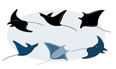 Stingray silhouette set and stylized, Manta ray