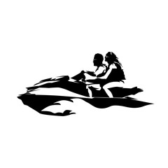 Personal watercraft, PWC, water scooter or jet ski. Couple riding recreational watercraft