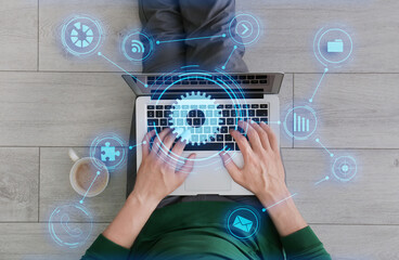 Cyber security concept. Illustration of different virtual icons and man working with laptop...